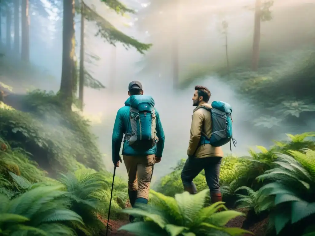 Grupo de excursionistas con ropa de camping de calidad explorando un bosque exuberante bajo la luz del sol filtrándose a través del dosel