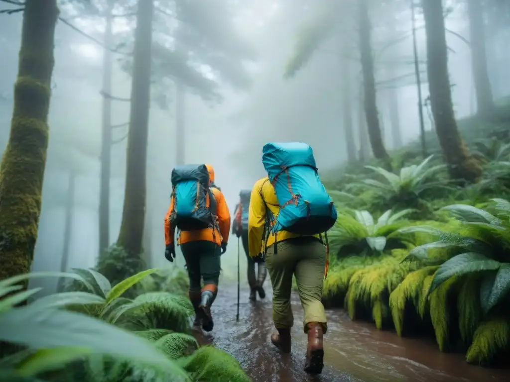 Grupo de excursionistas con ropa técnica en un bosque lluvioso de Uruguay