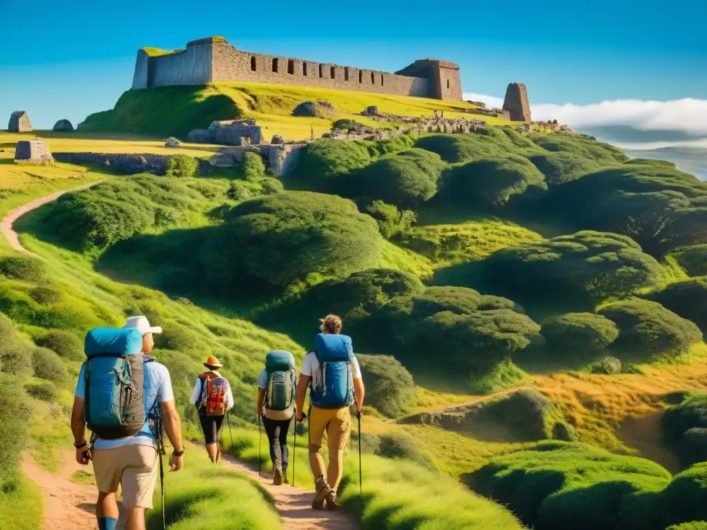 Un grupo de excursionistas recorre un sendero verde rodeado de ruinas antiguas y monumentos históricos en Uruguay