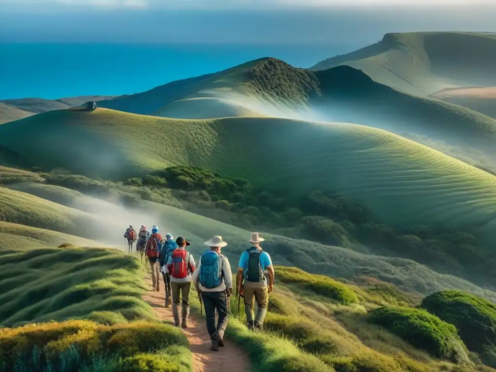 Grupo de excursionistas con GPS y brújulas en trekking por paisajes verdes de Uruguay