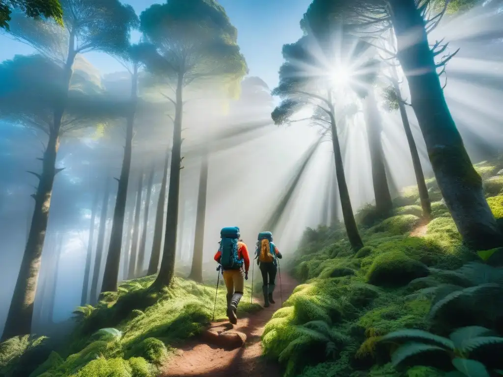 Grupo de excursionistas en Uruguay con vestimenta esencial para clima, explorando exuberantes bosques bajo cielo azul