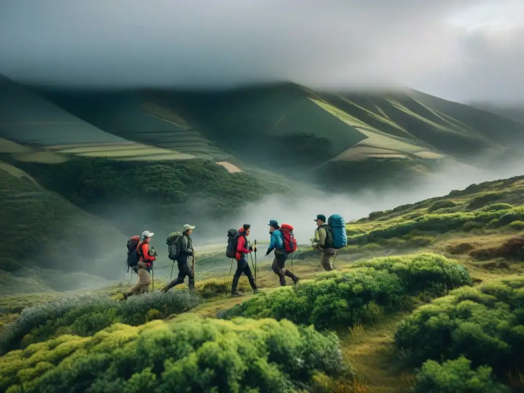 Grupo de excursionistas en Uruguay con vestimenta esencial para el clima, desafiando la naturaleza