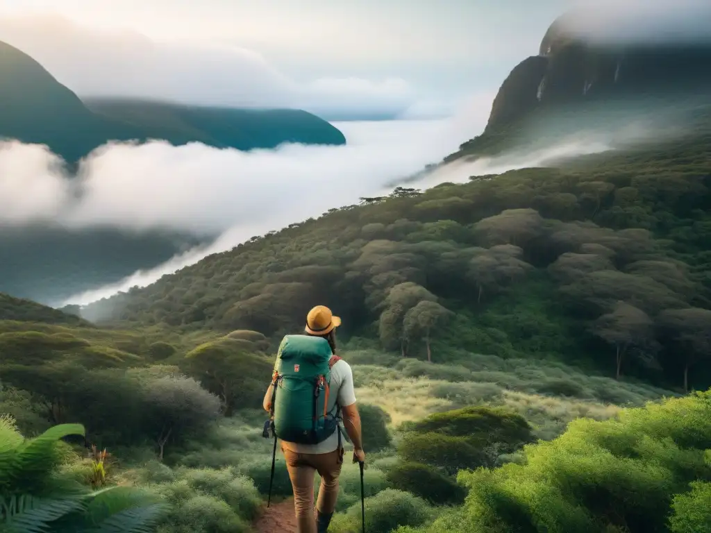 Grupo de experimentados campistas en Uruguay explorando bosques con mochilas técnicas de alta seguridad