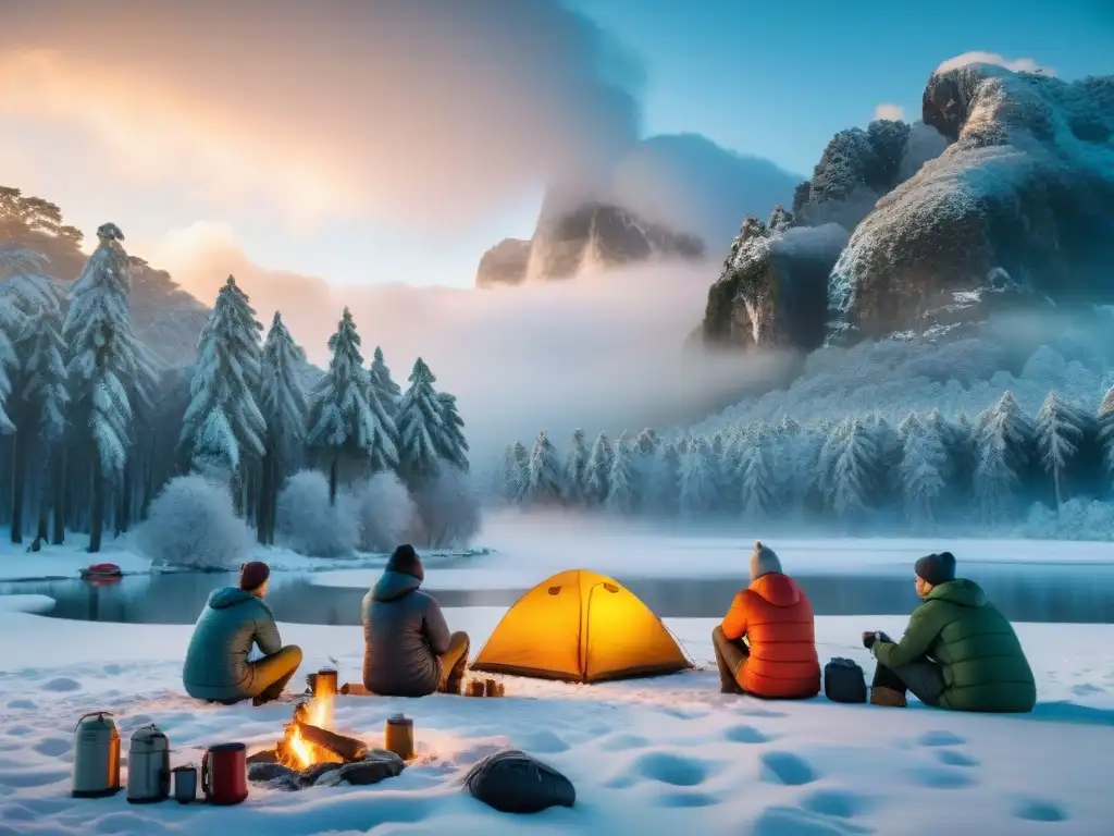 Grupo de experimentados campistas de invierno en Uruguay con vestimenta adecuada para campismo invierno, preparando campamento en bosque nevado