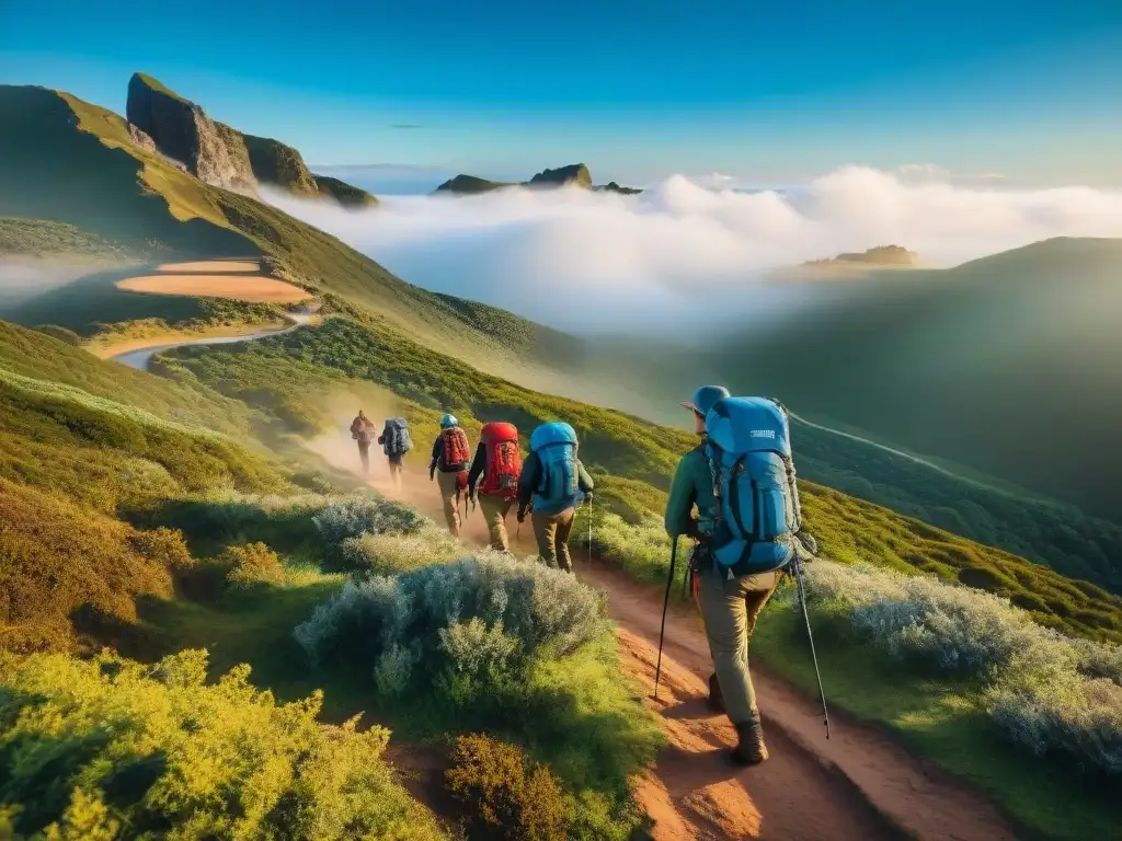 Grupo de experimentados excursionistas con mochilas técnicas para camping en Uruguay, explorando terrenos desafiantes bajo un cielo azul