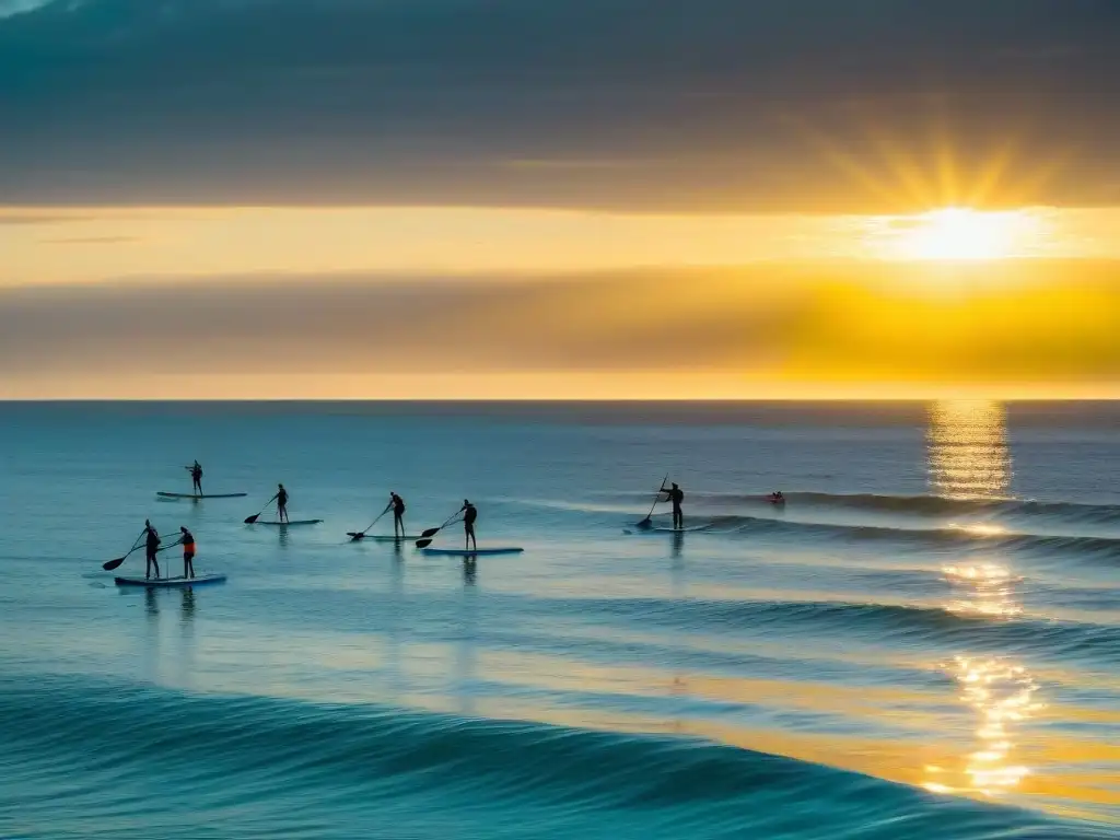 Un grupo de experimentados practicantes de surf de remo en Camping deslizándose elegantemente al atardecer en el océano Atlántico frente a Uruguay