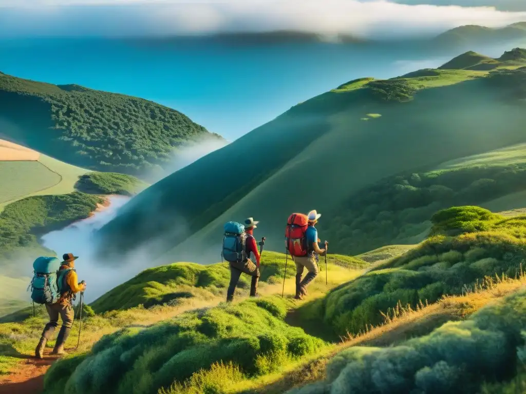 Un grupo de exploradores disfruta de la aventura en Uruguay, rodeados de naturaleza exuberante y colinas, transmitiendo emoción y camaradería