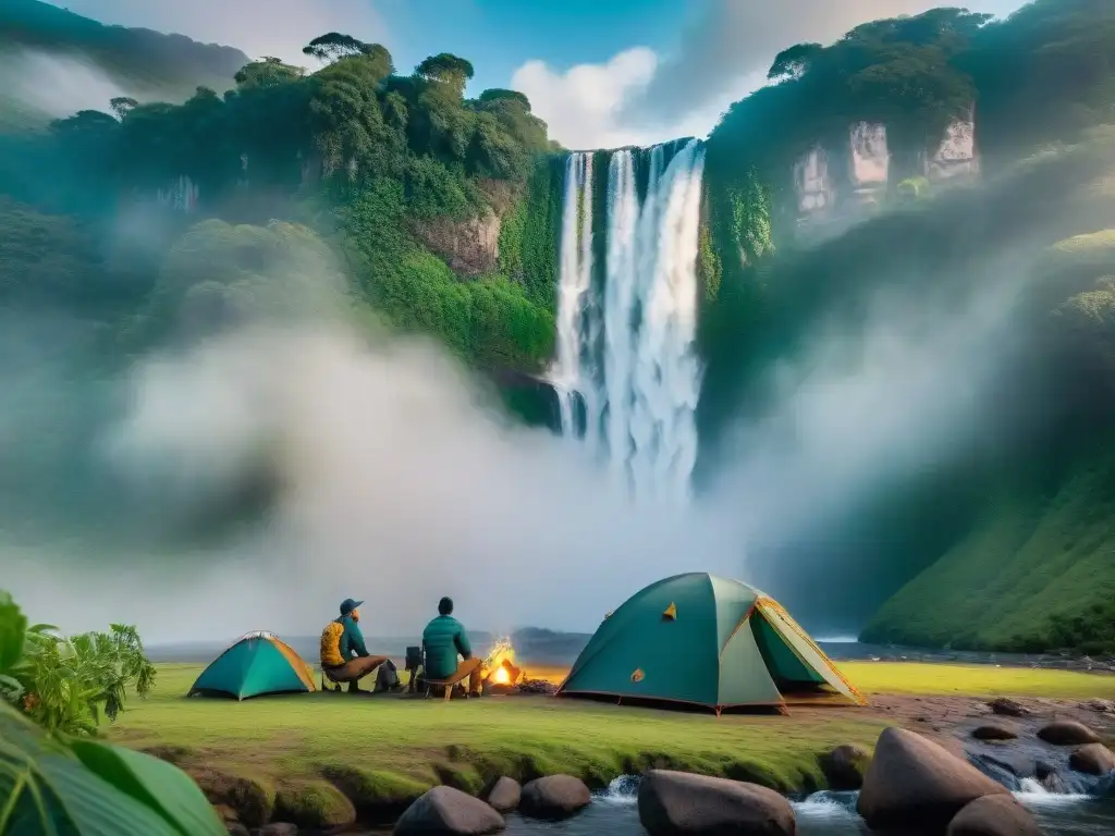 Un grupo de exploradores aventureros montando su campamento al pie de una majestuosa cascada en el exuberante bosque lluvioso de Uruguay