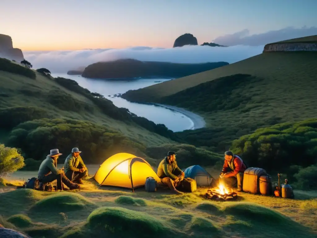 Un grupo de exploradores aventureros monta su campamento al anochecer en la naturaleza uruguaya, con linternas iluminando el escenario