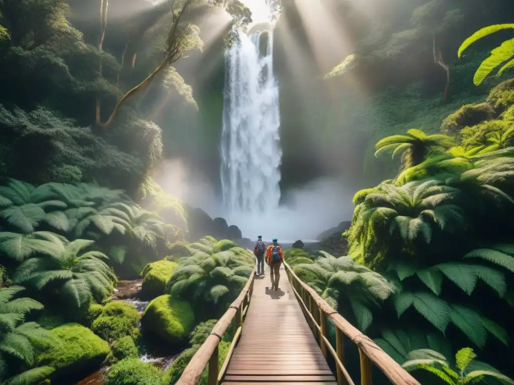 Un grupo de exploradores aventureros cruzando un puente de madera sobre una cascada en Uruguay, rodeados de exuberante naturaleza y vida silvestre