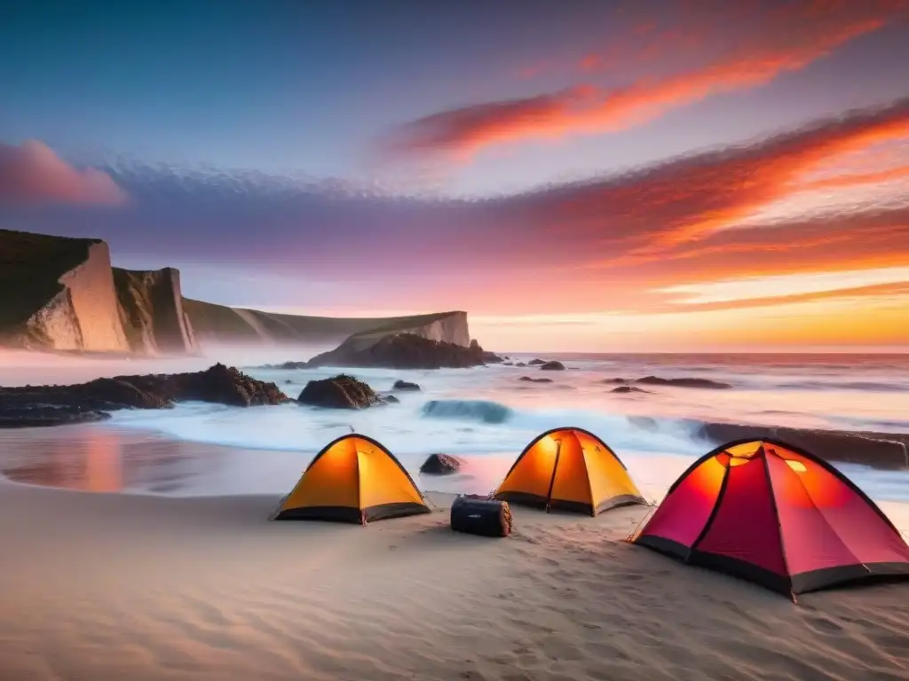 Grupo de exploradores acampando en la costa de Uruguay al atardecer, iluminados por una fogata