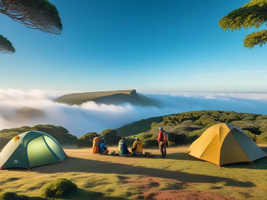 Un grupo de exploradores entusiastas usando una cámara con GPS para camping en Uruguay