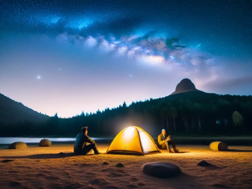 Grupo de exploradores alrededor de una fogata, con linternas, en una noche estrellada de camping en Uruguay