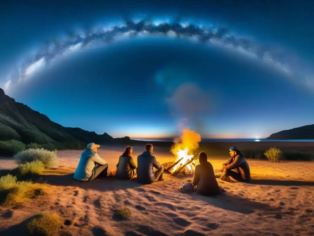 Un grupo de exploradores junto a una fogata en la noche de Uruguay, iluminados por una linterna de camping de alta calidad