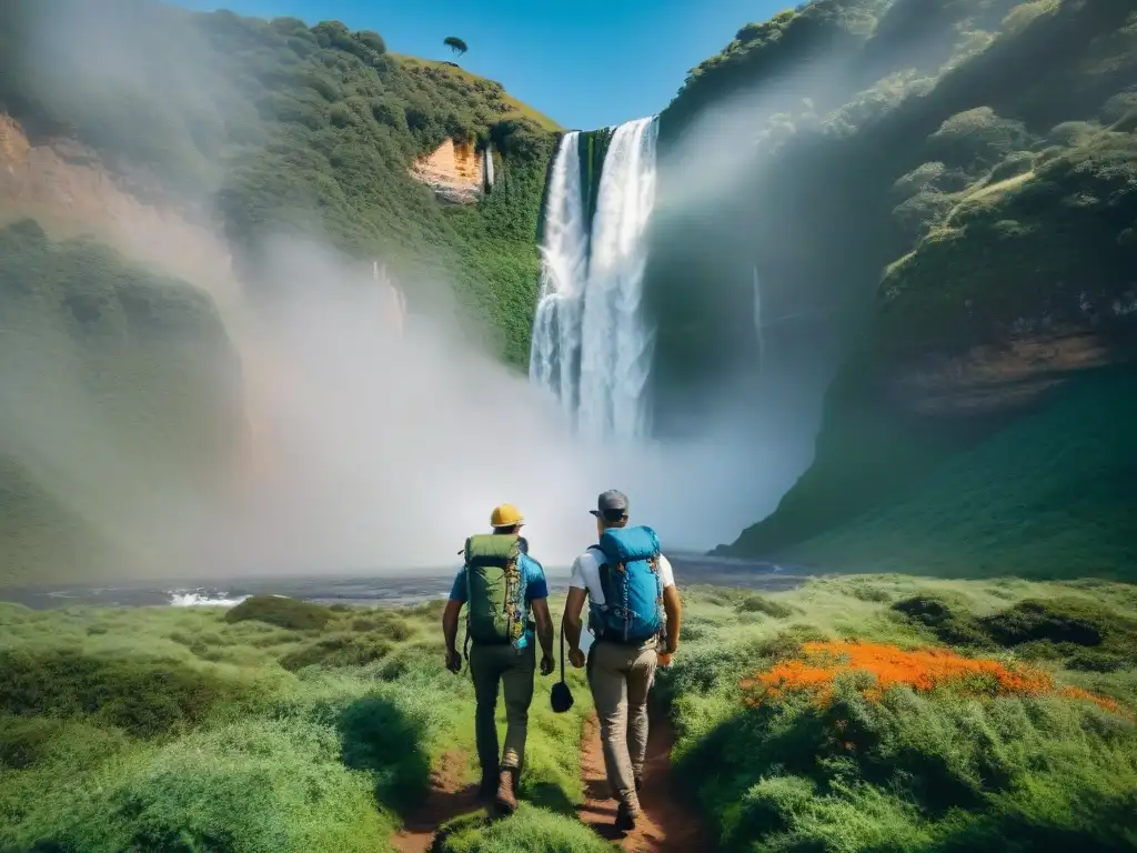 Un grupo de exploradores con mochilas técnicas para camping en Uruguay recorriendo paisajes verdes y una cascada majestuosa