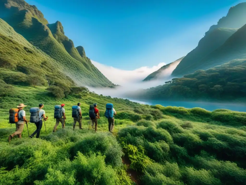 Un grupo de exploradores con mochilas ultraligeras recorriendo los paisajes de Uruguay