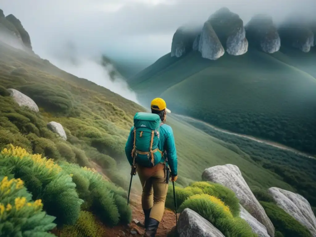 Grupo de exploradores en Uruguay, escalando una montaña con determinación y asombro