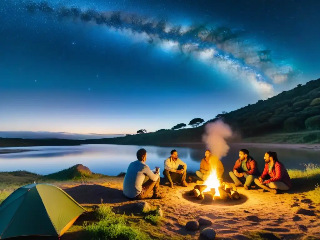 Un grupo feliz de campistas alrededor de una fogata en un campamento pintoresco en Uruguay, disfrutando juntos