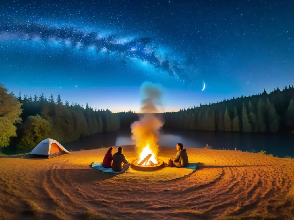 Grupo feliz de campistas alrededor de luces de campamento en Uruguay, entre risas y cuentos alrededor del fuego