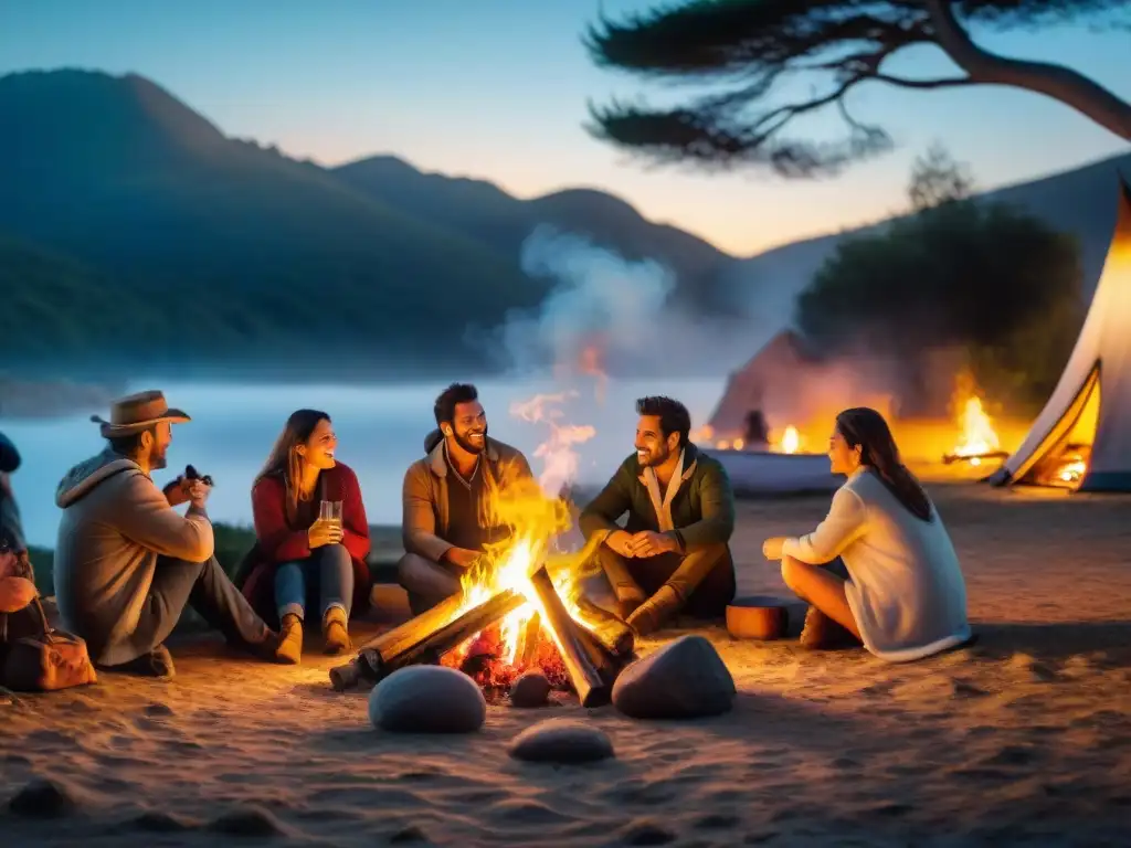 Grupo disfruta de festival de narración en camping en Uruguay con fogata y narrador iluminado