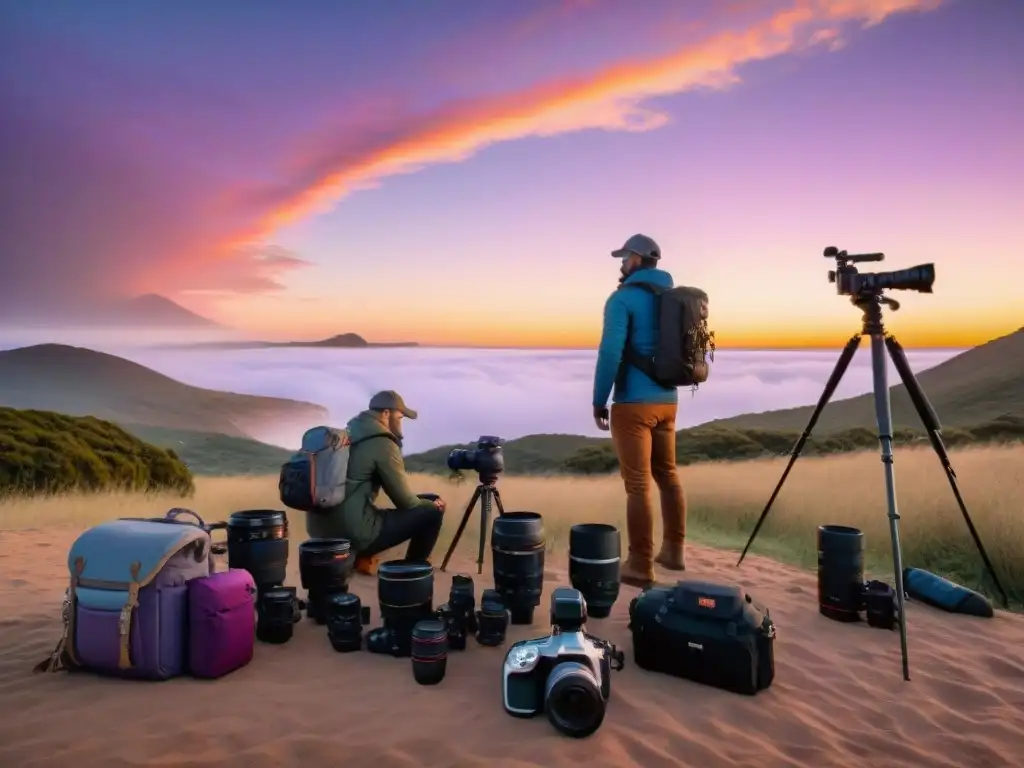 Grupo de fotógrafos preparando sus cámaras y equipo en un campamento en Uruguay al atardecer