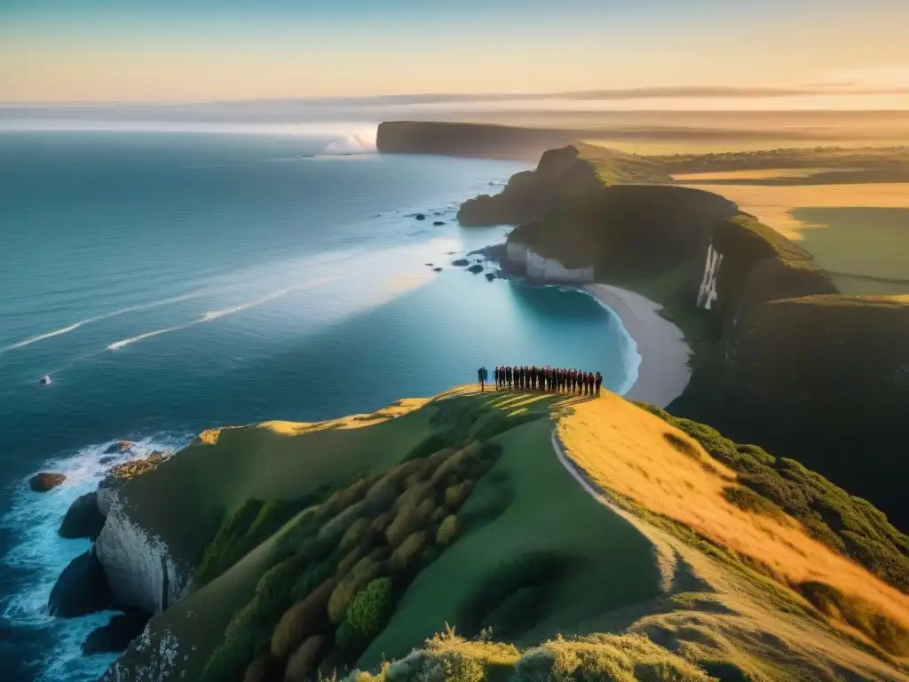 Un grupo de fotógrafos y exploradores en un acantilado uruguayo al atardecer, equipados con drones y cámaras, en un ambiente de aventura y camaradería