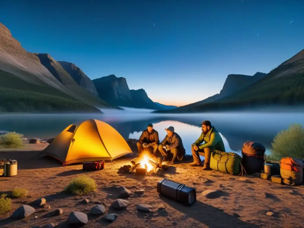 Un grupo de fotógrafos uruguayos preparando accesorios de fotografía en campamento nocturno en Uruguay