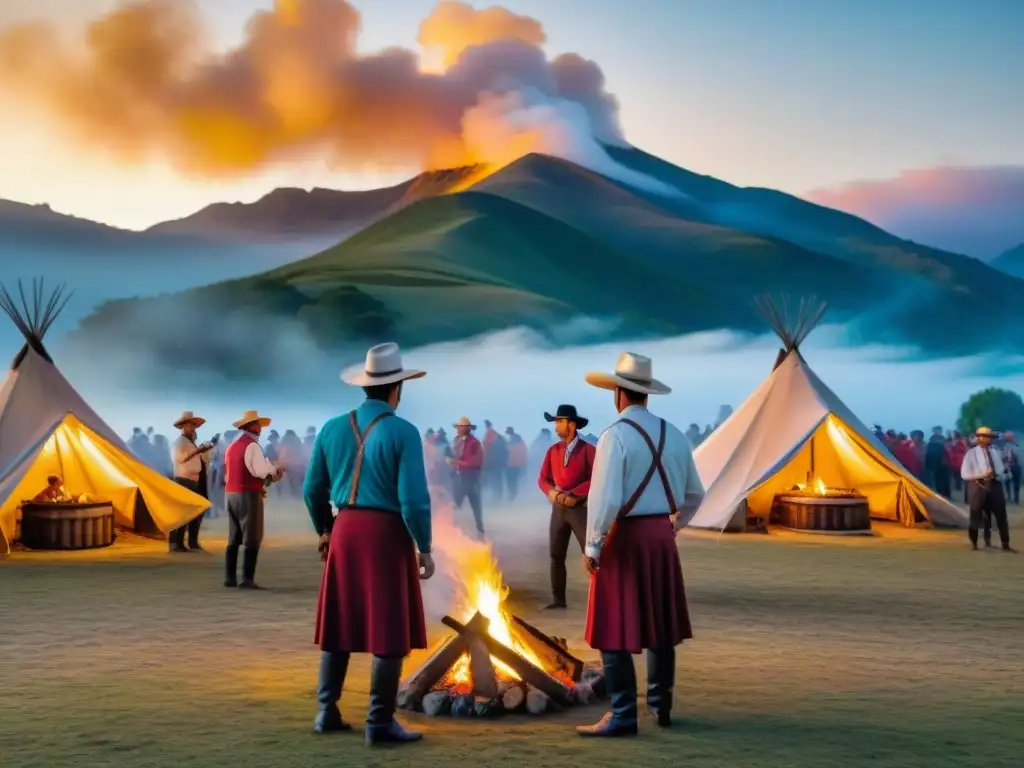 Un grupo de gauchos en la Fiesta de la Patria Gaucha, reunidos alrededor de una fogata bajo un cielo estrellado