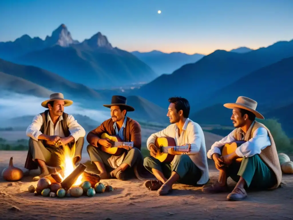 Grupo de gauchos reunidos alrededor de fogata en Valle del Lunarejo, compartiendo mate y cuentos bajo el cielo estrellado