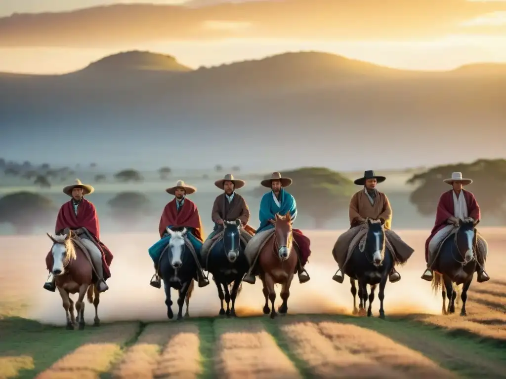 Grupo de gauchos uruguayos heredando ganado al atardecer