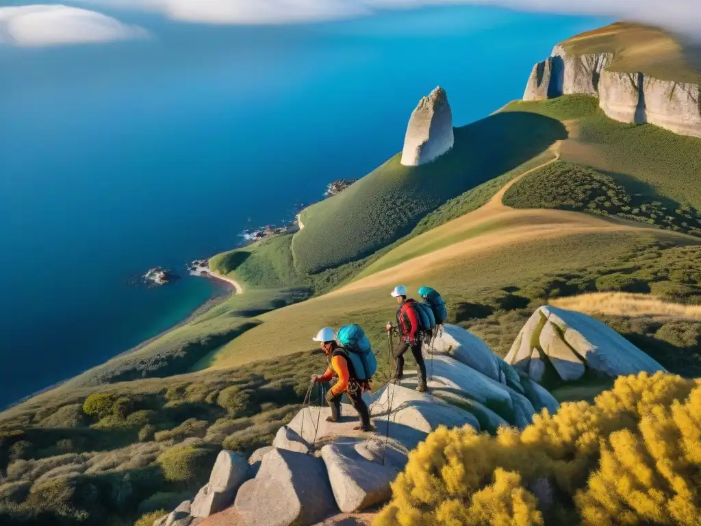 Un grupo de intrépidos campistas equipados con el mejor equipo de escalada, desafiando un acantilado en Uruguay al atardecer