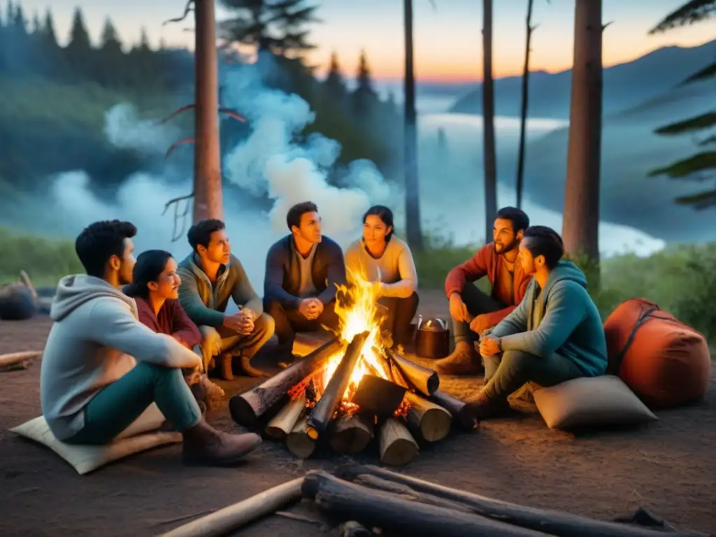 Un grupo de jóvenes campistas escuchando historias alrededor de una fogata en un bosque denso, capturando la tradición de fogatas en Uruguay