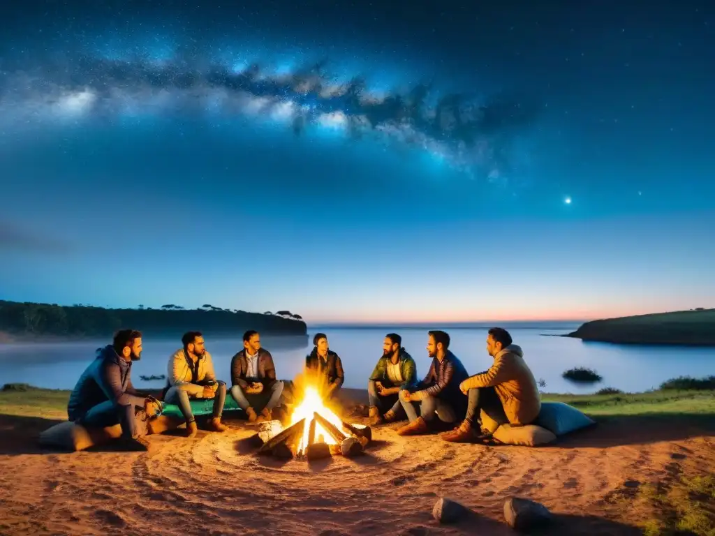 Grupo de jóvenes profesionales en un camping tecnológico en Uruguay, iluminados por sus dispositivos en una sesión de brainstorming bajo las estrellas