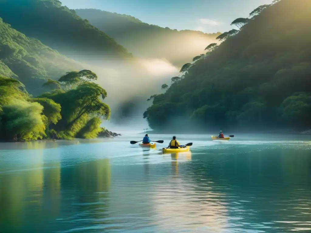 Un grupo de kayakeros disfruta del río en Río Negro, Uruguay, mostrando la belleza de la región para kayak y pesca deportiva