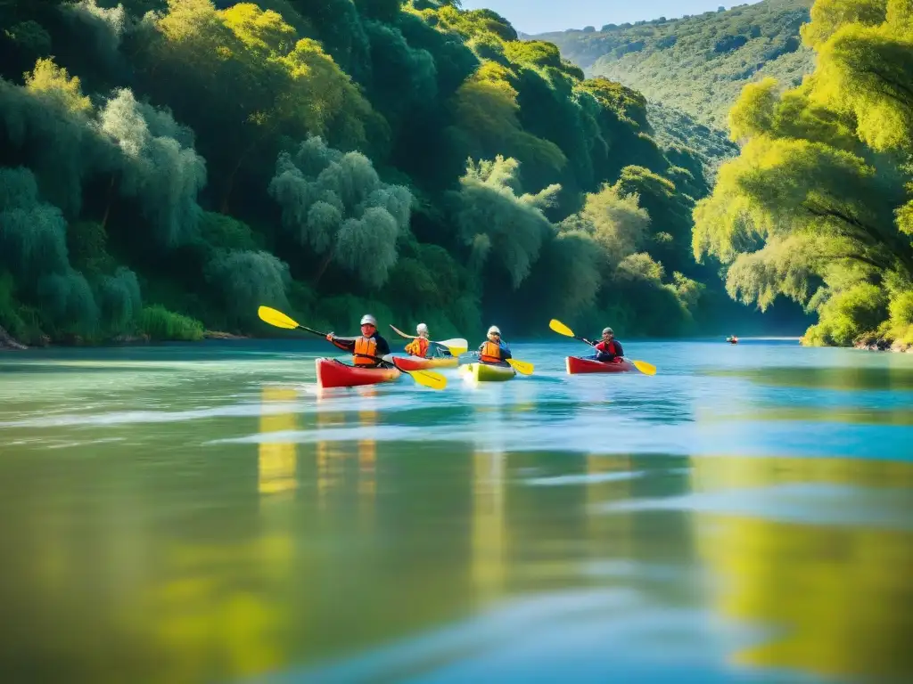 Un grupo de kayakistas disfruta de deportes acuáticos en camping Uruguay, remando en un río sereno rodeado de vegetación exuberante