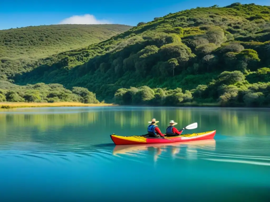 Un grupo de kayakistas remando en Laguna Garzón, rodeados de naturaleza exuberante y aves, con el puente circular al fondo