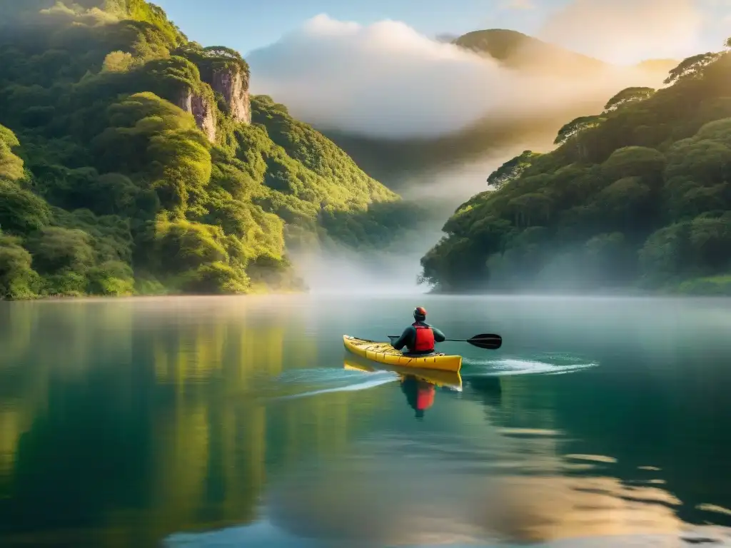 Grupo de kayakistas explorando el Río Negro en Uruguay, rodeados de naturaleza exuberante y reflejos dorados