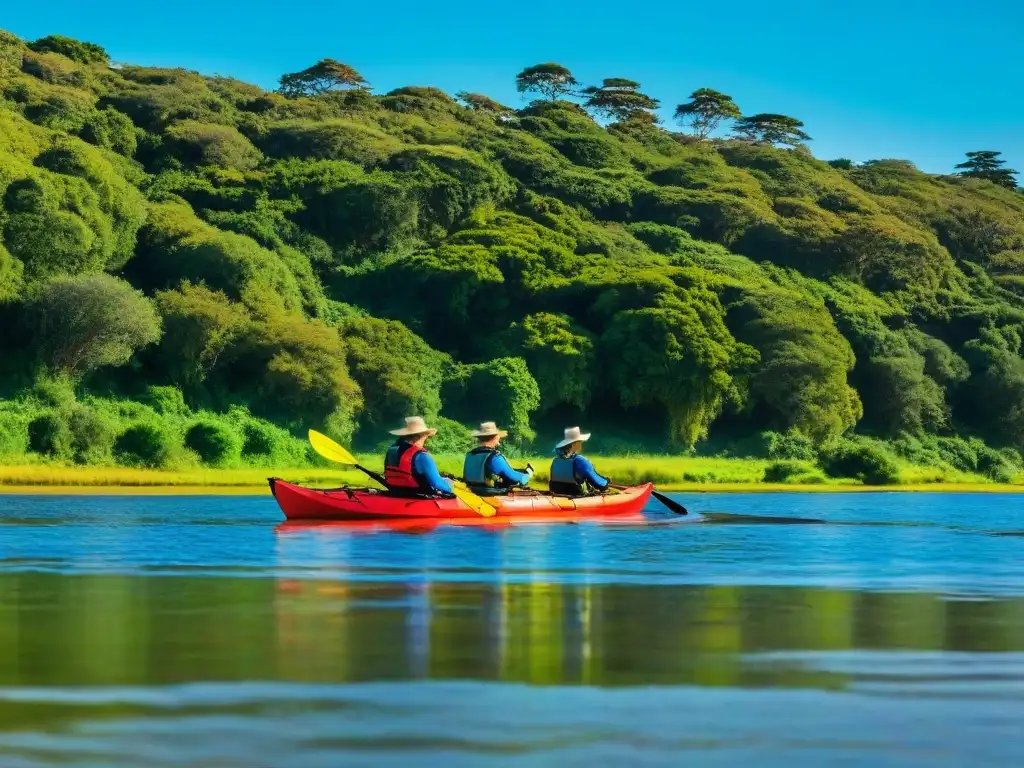 Un grupo de kayakistas remando en un río sereno rodeado de vegetación en Uruguay, reflejando la belleza de los deportes acuáticos en camping Uruguay