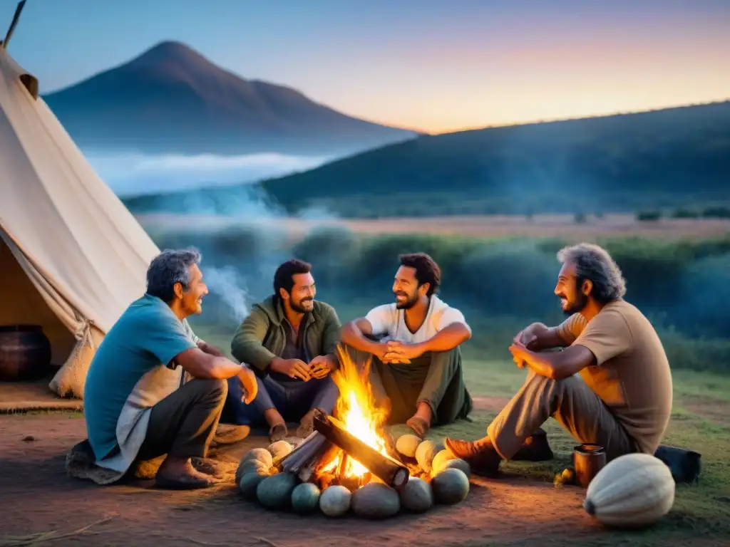 Grupo de lugareños uruguayos compartiendo mate alrededor de fogata en camping