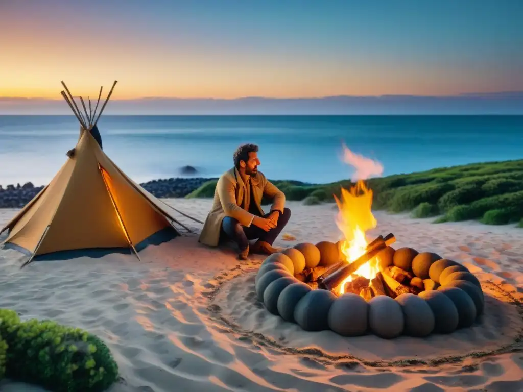 Grupo disfrutando de mate alrededor de fogata en campamento de playa secreto en Uruguay al atardecer