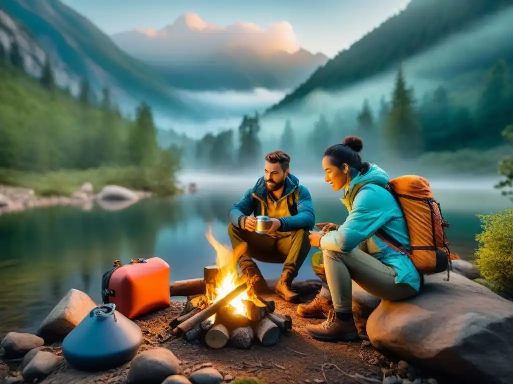 Grupo de mochileros usando filtros de agua portátiles en un campamento al atardecer en un bosque Uruguay