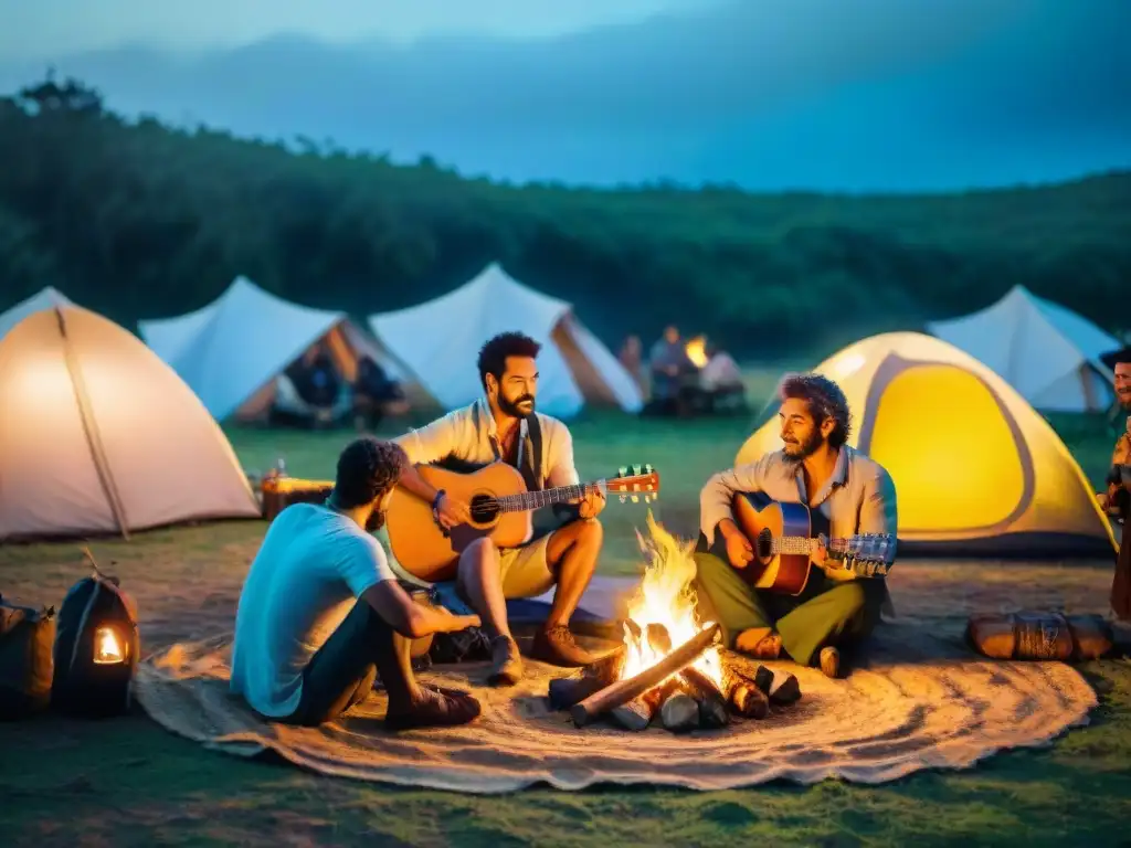 Grupo de músicos tocando alrededor de fogata en bosque uruguayo durante encuentros musicales camping Uruguay