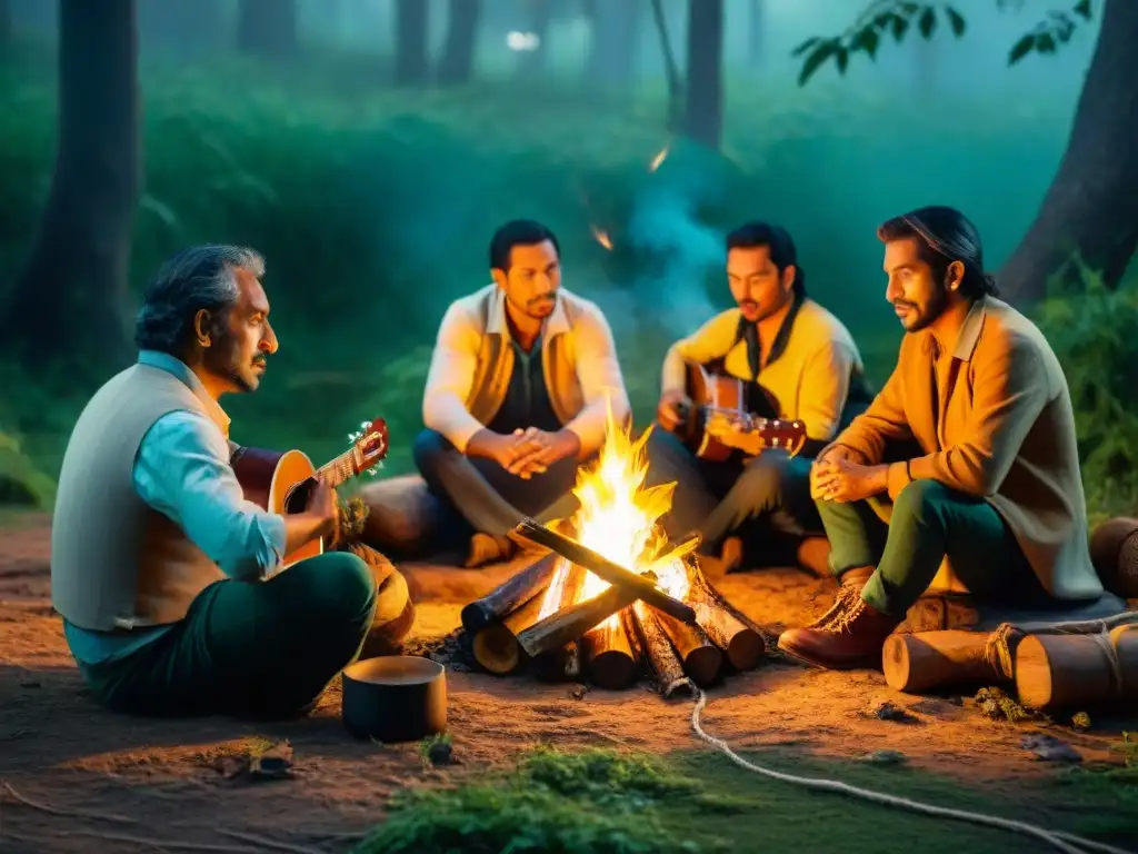 Grupo de músicos uruguayos tocando alrededor de fogata en bosque, sonidos naturaleza Uruguay camping