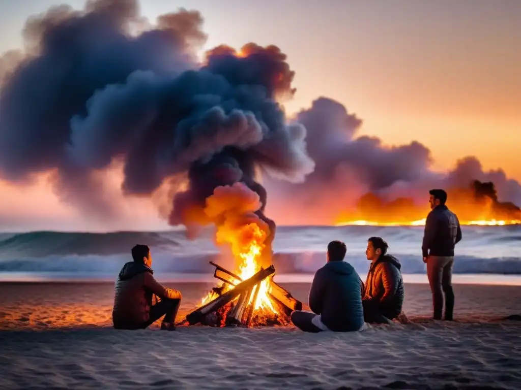 Grupo escucha atentamente a narrador junto a fogata en playa uruguaya al atardecer, tradición de fogatas en Uruguay