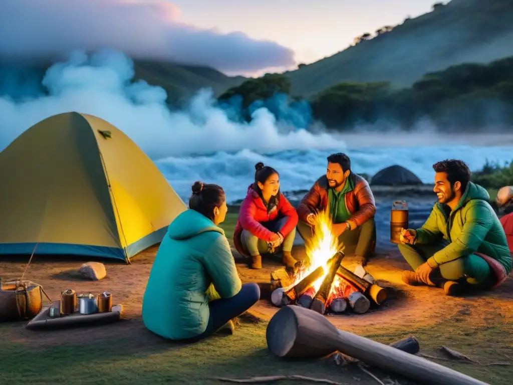 Grupo de niños aventureros en campamento uruguayo, asando malvaviscos alrededor de fogata al atardecer