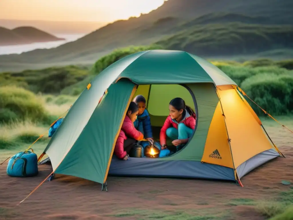 Un grupo de niños aventureros en Uruguay montando tiendas de campaña con equipamiento de camping colorido, disfrutando del atardecer