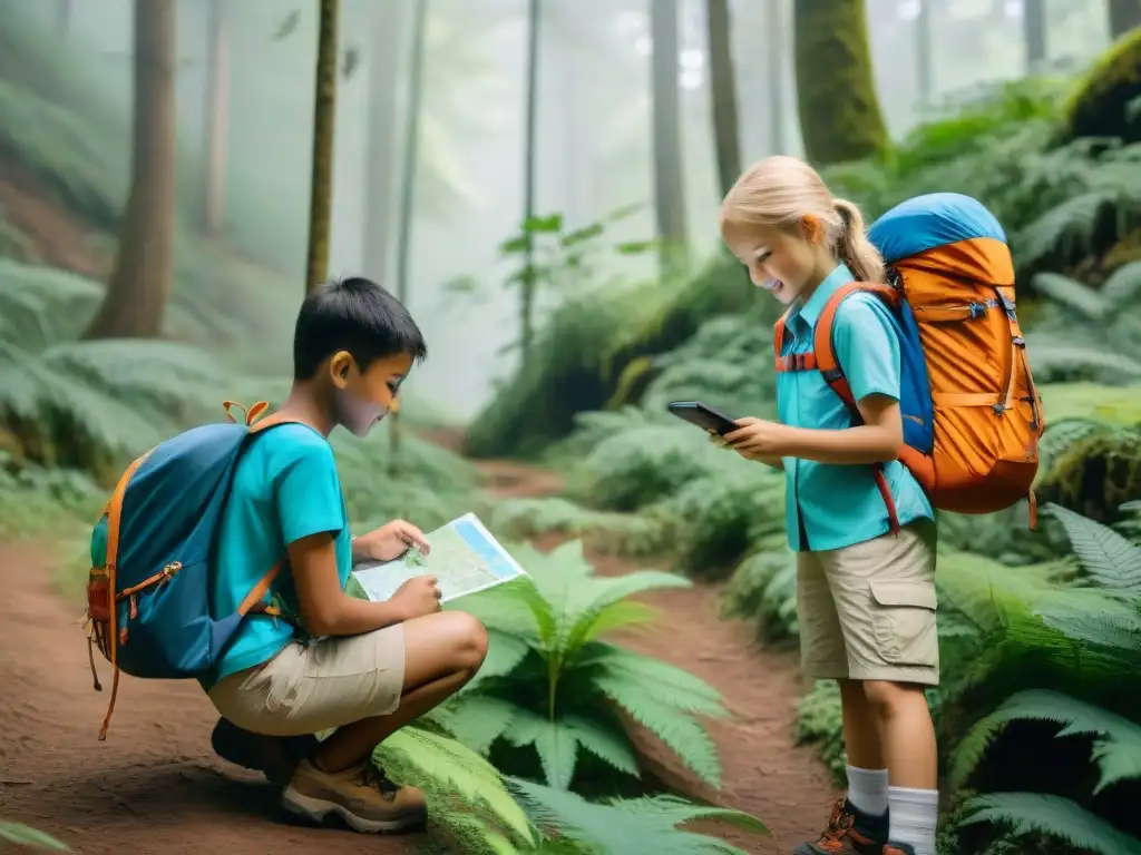 Un grupo de niños explorando el bosque con GPS, transmitiendo aventura y seguridad en camping