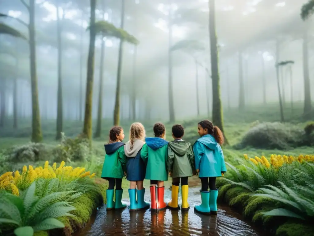 Un grupo de niños explorando el bosque en Uruguay, descubriendo la naturaleza con asombro