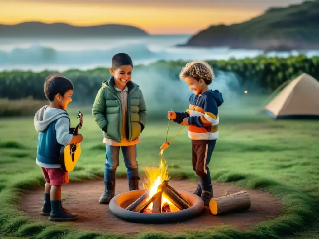 Grupo de niños riendo y jugando en un campamento en Uruguay al atardecer