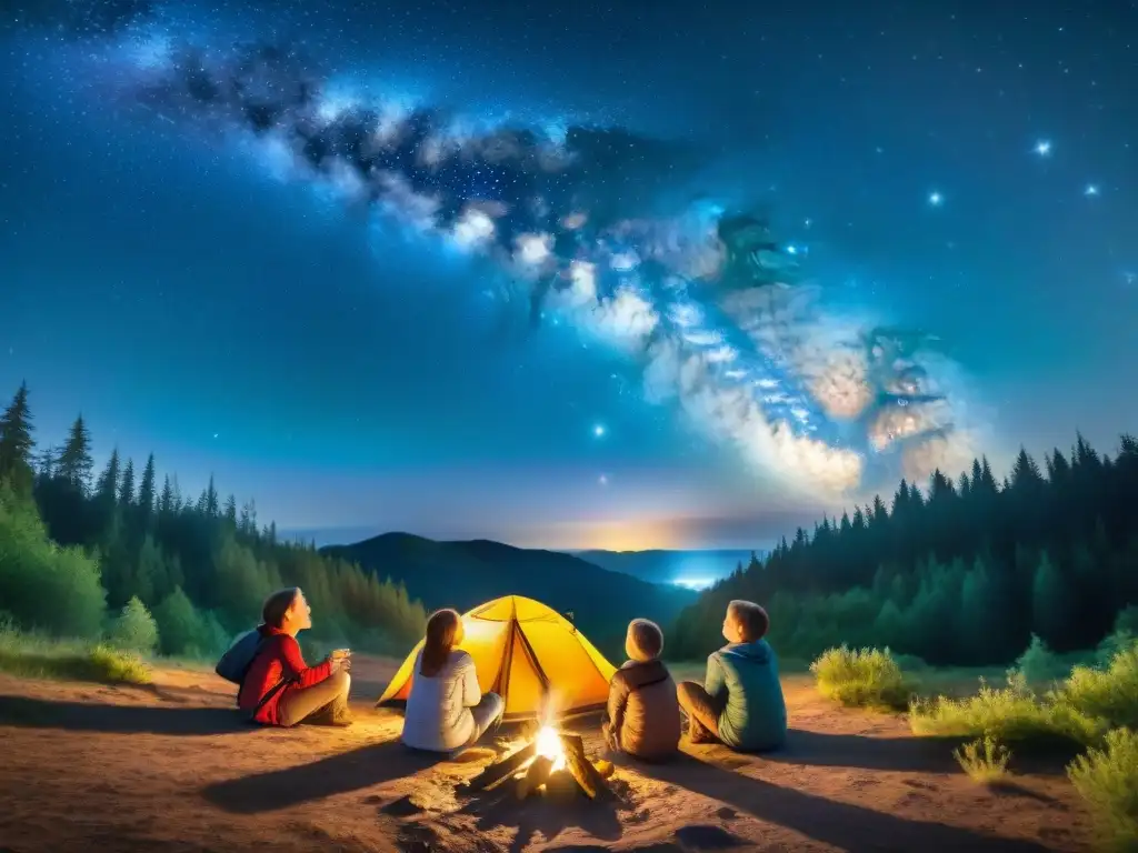 Un grupo de niños en un campamento, maravillados al observar estrellas en camping